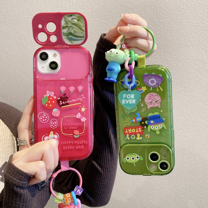 Cartoon Mirror Stand Silicone Case with Chain – Cute Toy Design Shockproof Back Cover for iPhone 16–11 Pro Max