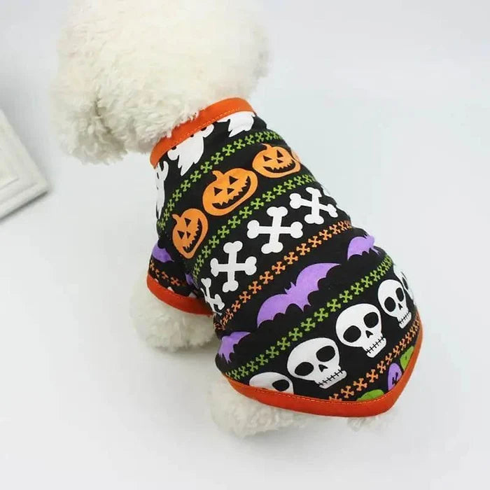 Halloween dog sweater with pumpkins, skulls, and bats for festive pet wear