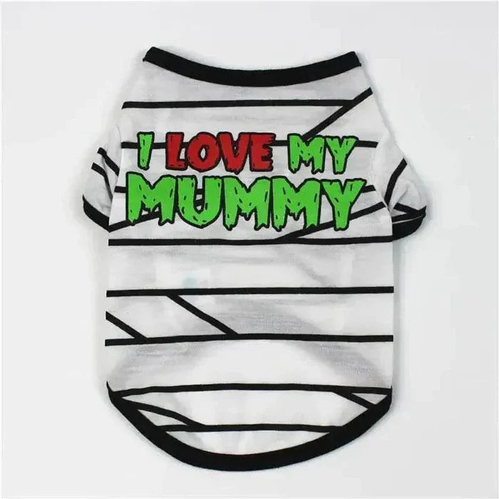 Dog shirt with 'I Love My Mummy' text, black and white striped Halloween pet clothing