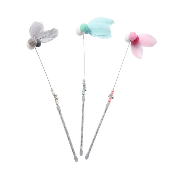 Three cat wands with feather toys and beads, perfect for interactive pet play and exercise.