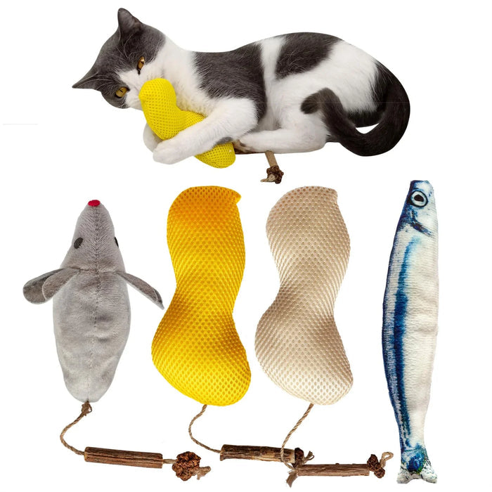 Cat playing with mesh peanut, mouse, and fish toys on wand sticks for interactive play and exercise