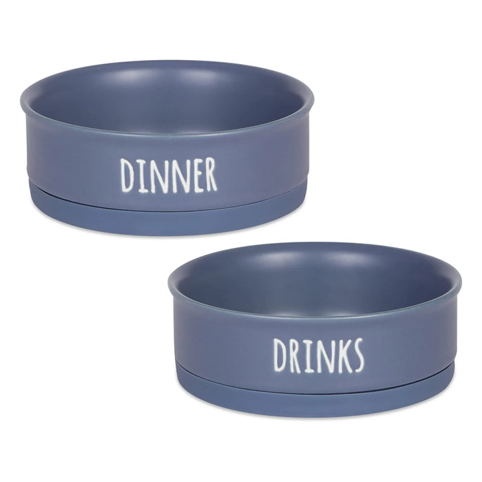 Blue pet bowls labeled 'DINNER' and 'DRINKS' for dog or cat food and water, non-slip base