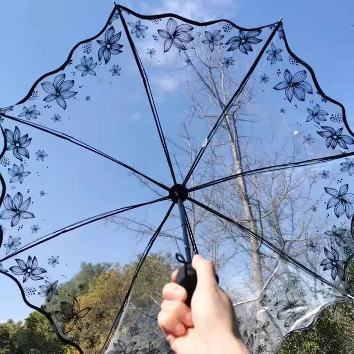 Cherry Blossm Printed 3-Folding Ruffled Edge POE Plastic Transparent Umbrella