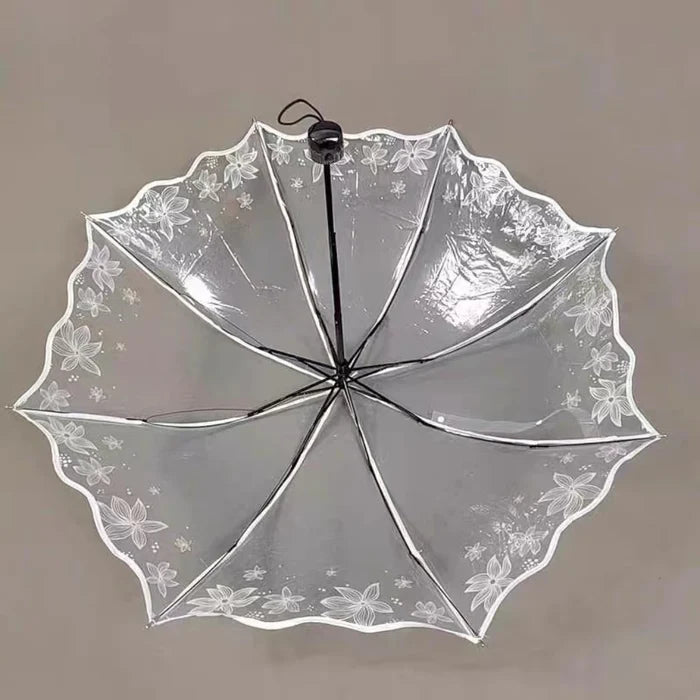 Cherry Blossm Printed 3-Folding Ruffled Edge POE Plastic Transparent Umbrella