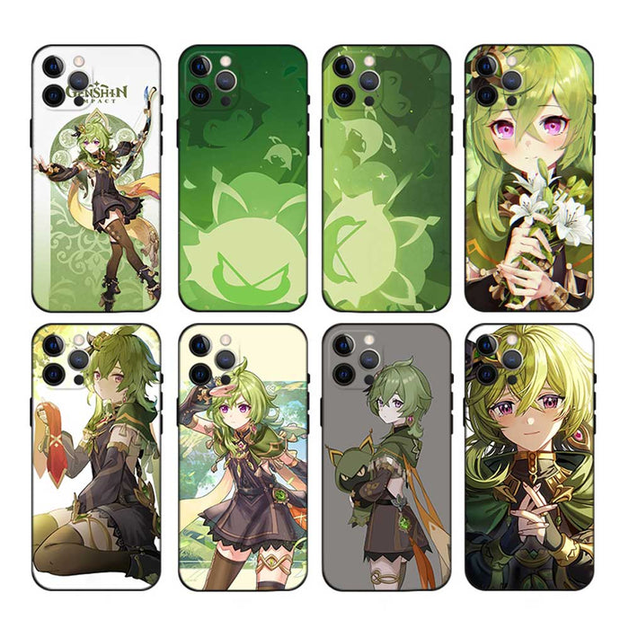 Collei Genshin Impact Phone Case: green, black anime-style green-haired character, anime, fantasy, cartoon style
