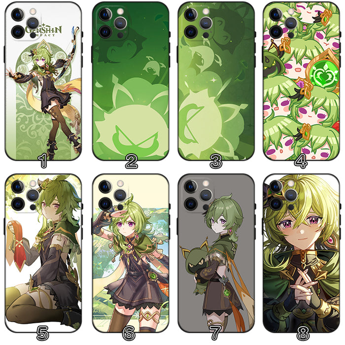Collei Genshin Impact Phone Case: green, black anime-style green-haired character, anime, fantasy, cartoon style