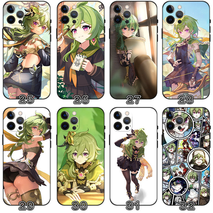 Collei Genshin Impact Phone Case: green, black anime-style green-haired character, anime, fantasy, cartoon style