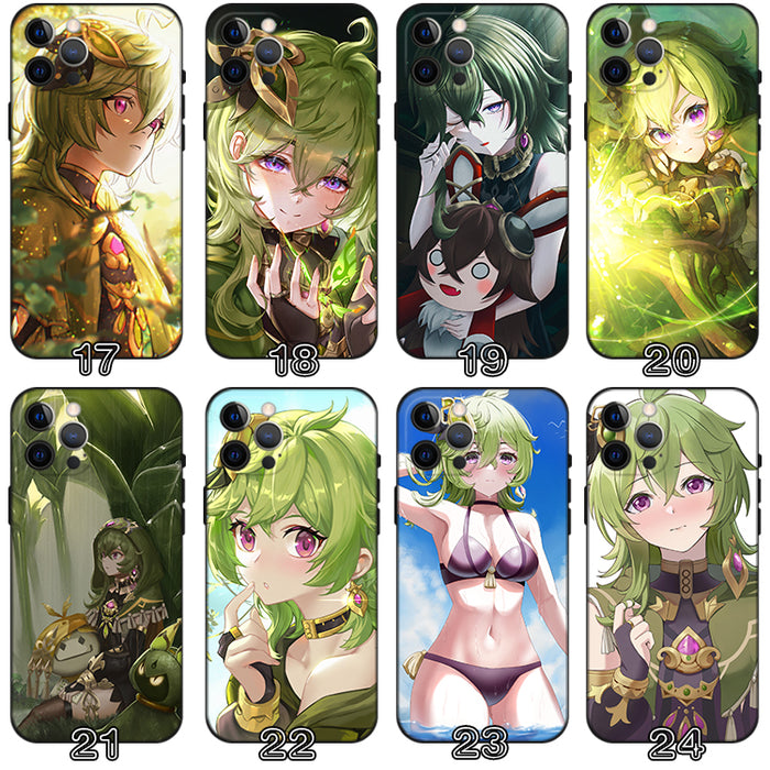 Collei Genshin Impact Phone Case: green, black anime-style green-haired character, anime, fantasy, cartoon style
