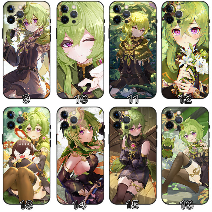 Collei Genshin Impact Phone Case: green, black anime-style green-haired character, anime, fantasy, cartoon style