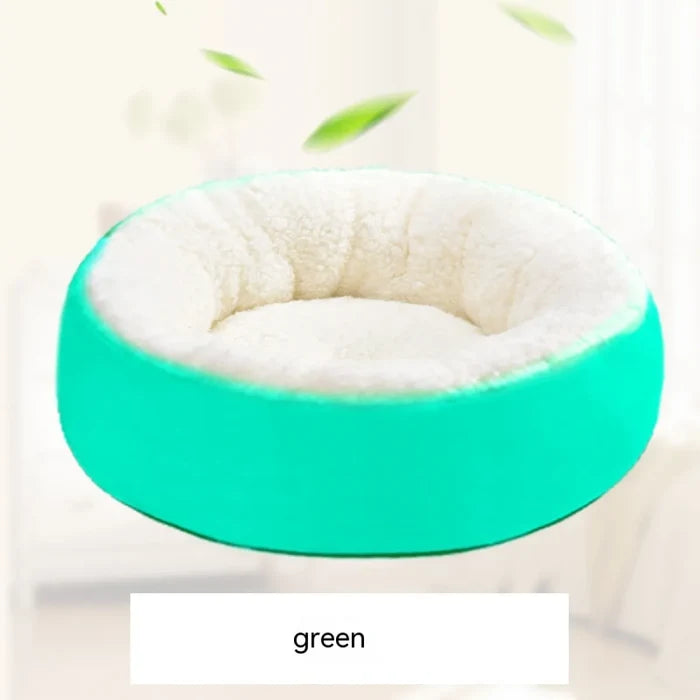 Green and white cozy pet bed for dogs and cats, soft plush interior, premium pet accessory