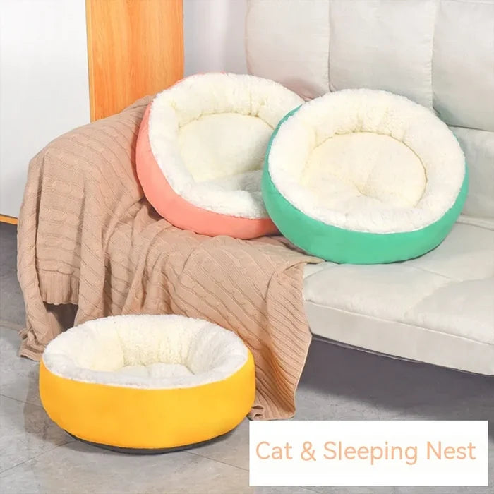 Cozy cat sleeping nest beds in pink, green, and yellow, soft plush pet beds for cats and small dogs
