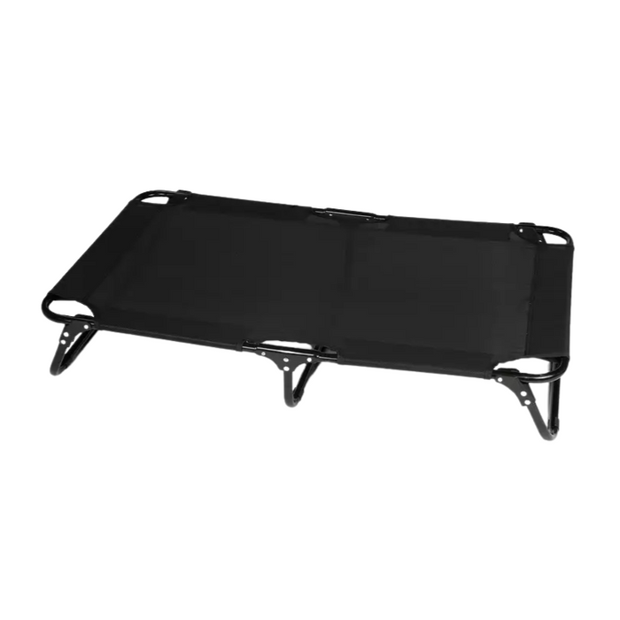 Black elevated pet cot for dogs and cats, durable fabric with metal frame, ideal for pet comfort and airflow