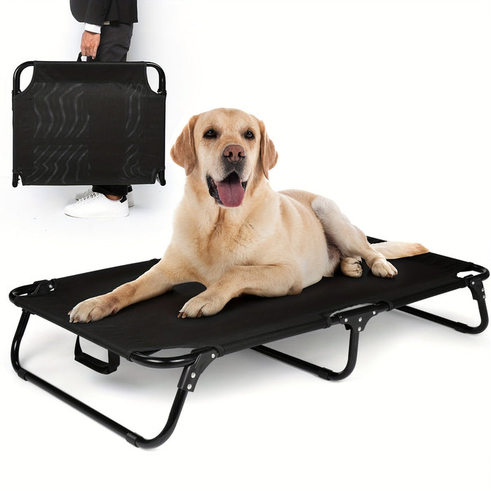 Happy Labrador on black elevated dog bed, portable pet cot with foldable design for comfort and easy storage