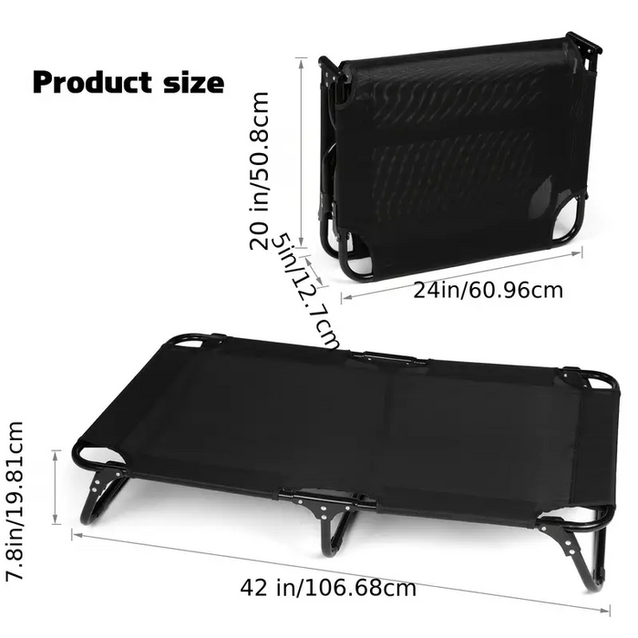 Black elevated pet cot for dogs or cats, foldable design with size dimensions shown