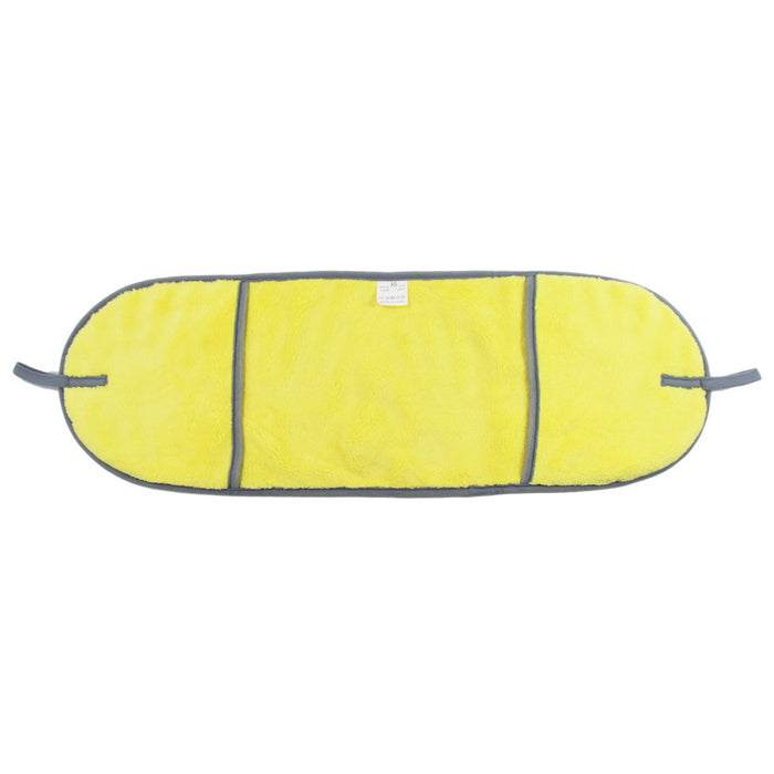 Soft yellow plush pet blanket with grey trim and handles