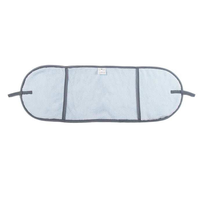 Light blue soft plush pet cooling mat with grey trim and handles.