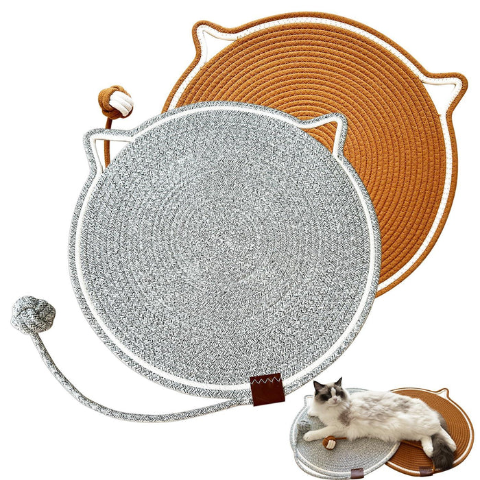 Cat scratch mat with rope toy, cat-shaped design in gray and brown, perfect for feline play and rest