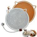 Cat scratch mat with rope toy, cat-shaped design in gray and brown, perfect for feline play and rest