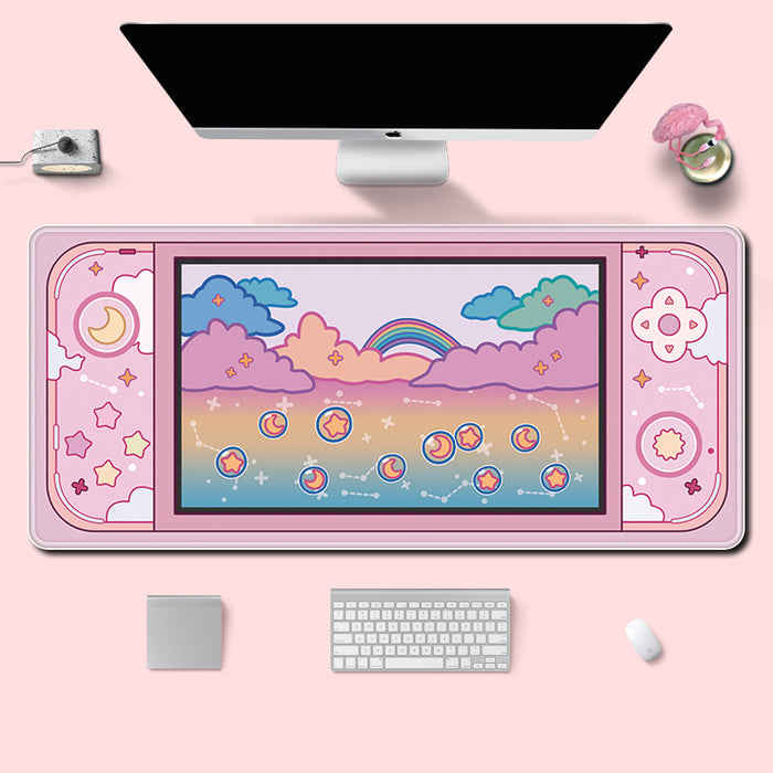 Cute Keyboard Mouse Mat for Gamers: pink, lavender pastel rainbow, clouds, moon and stars theme, kawaii cartoon style