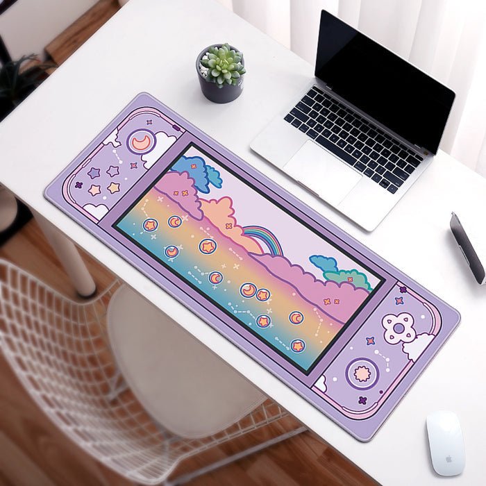 Cute Keyboard Mouse Mat for Gamers: pink, lavender pastel rainbow, clouds, moon and stars theme, kawaii cartoon style
