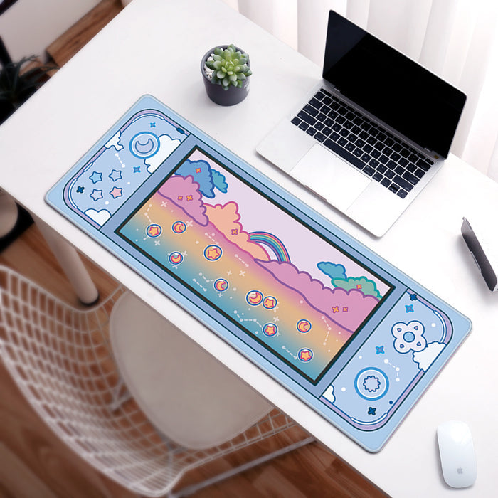 Cute Keyboard Mouse Mat for Gamers: pink, lavender pastel rainbow, clouds, moon and stars theme, kawaii cartoon style