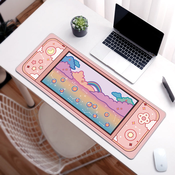 Cute Keyboard Mouse Mat for Gamers: pink, lavender pastel rainbow, clouds, moon and stars theme, kawaii cartoon style