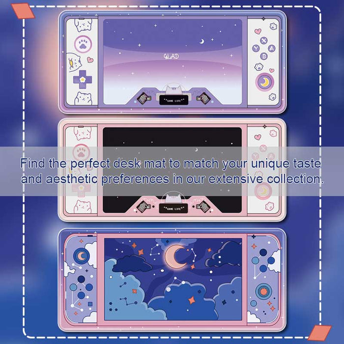 Cute Keyboard Mouse Mat for Gamers: pink, lavender pastel rainbow, clouds, moon and stars theme, kawaii cartoon style