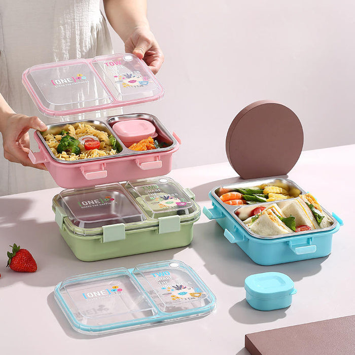 Cute Kids 3-Compartment Stainless Steel Lunch Box – Leakproof Thermal Bento Tiffin for School