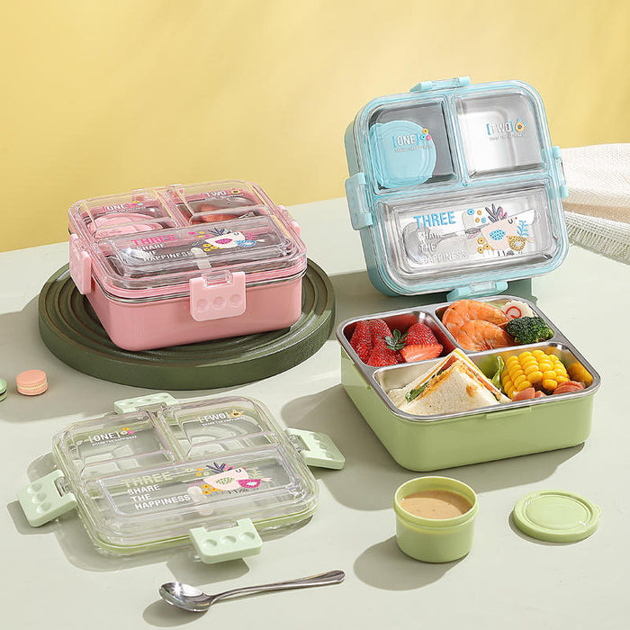 Cute Kids 3-Compartment Stainless Steel Lunch Box – Leakproof Thermal Bento Tiffin for School