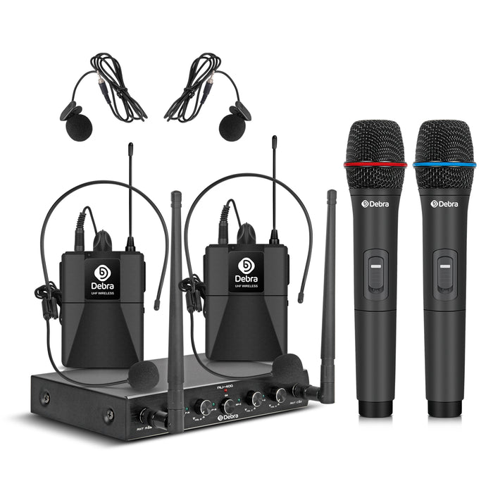 D Debra Audio AU400 Pro UHF 4 Channel Wireless Microphone System with Cordless Handheld Lavalier Headset Mics, Metal Receiver, Ideal for Karaoke Church Party
