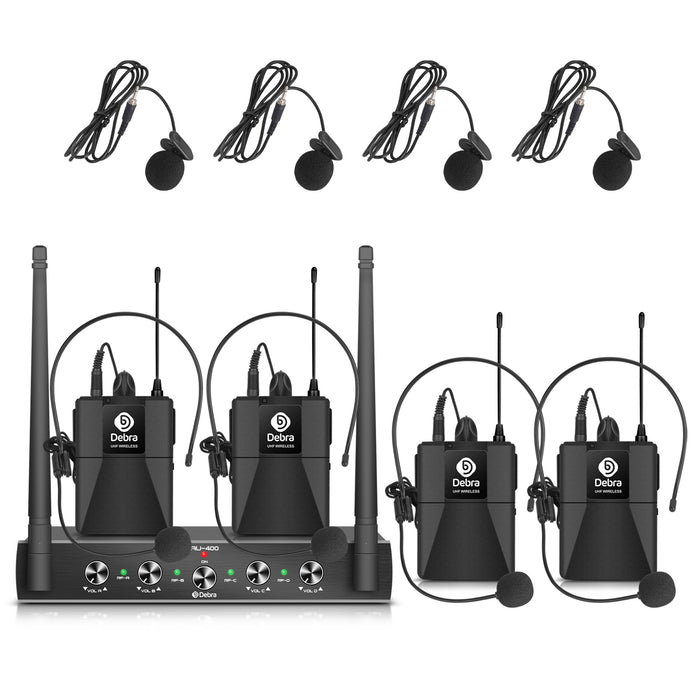 D Debra Audio AU400 Pro UHF 4 Channel Wireless Microphone System with Cordless Handheld Lavalier Headset Mics, Metal Receiver, Ideal for Karaoke Church Party