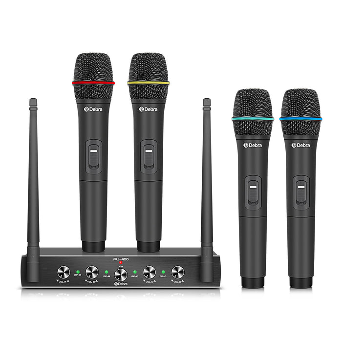 D Debra Audio AU400 Pro UHF 4 Channel Wireless Microphone System with Cordless Handheld Lavalier Headset Mics, Metal Receiver, Ideal for Karaoke Church Party