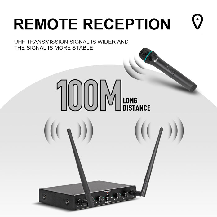 D Debra Audio AU400 Pro UHF 4 Channel Wireless Microphone System with Cordless Handheld Lavalier Headset Mics, Metal Receiver, Ideal for Karaoke Church Party