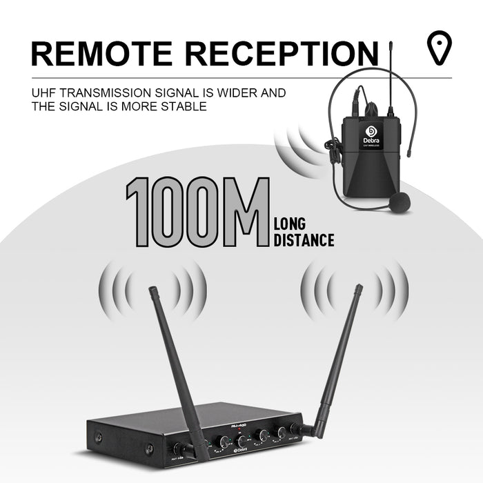 D Debra Audio AU400 Pro UHF 4 Channel Wireless Microphone System with Cordless Handheld Lavalier Headset Mics, Metal Receiver, Ideal for Karaoke Church Party