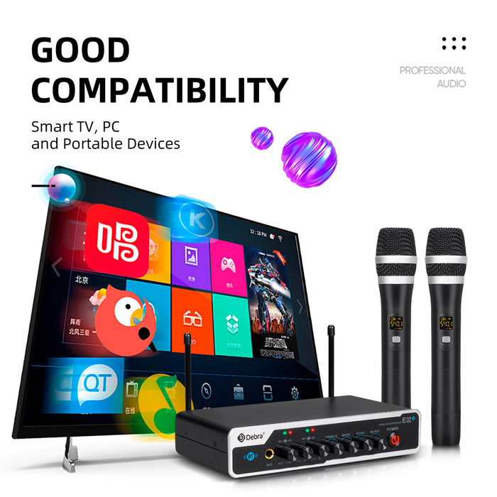 D Debra Audio E02U UHF Dual-Channel Wireless Microphone System with DSP Reverb Volume Control, 164 Feet Range for Karaoke Church Party