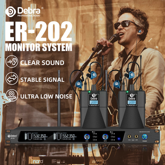 D Debra Audio PRO ER-202 UHF Dual Channel Wireless In-Ear Monitor System with Monitoring Type for Stage, Receiver, Studio, Guitar, Band Performance