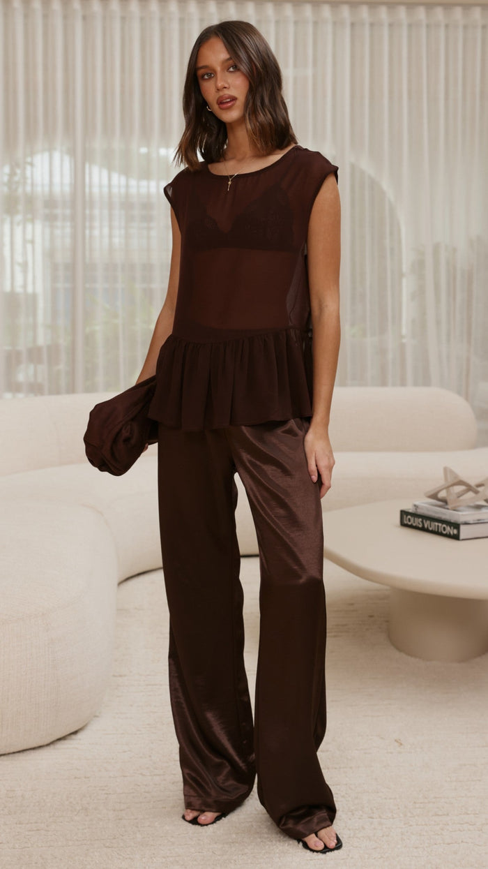 Deana Long Line Sheer Top - Brown