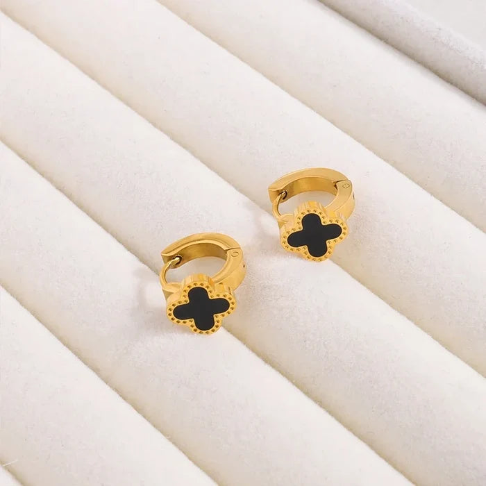 Diamond-Set Four-Leaf Stainless Steel Earrings