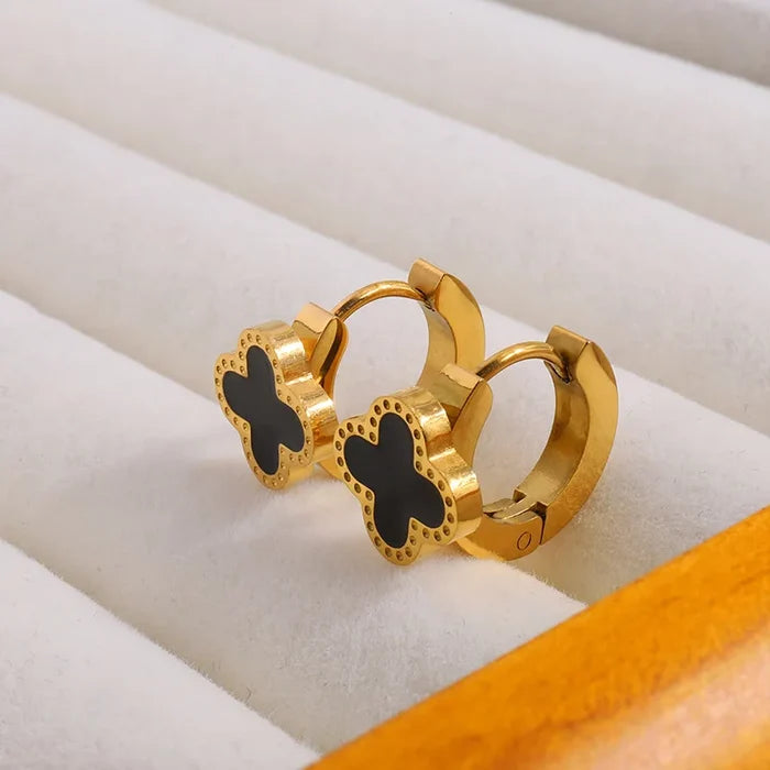 Diamond-Set Four-Leaf Stainless Steel Earrings