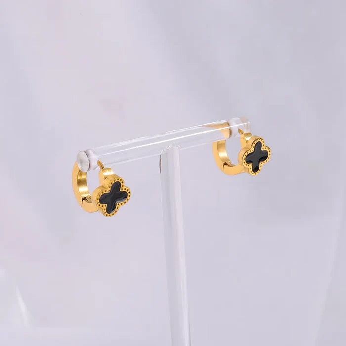 Diamond-Set Four-Leaf Stainless Steel Earrings