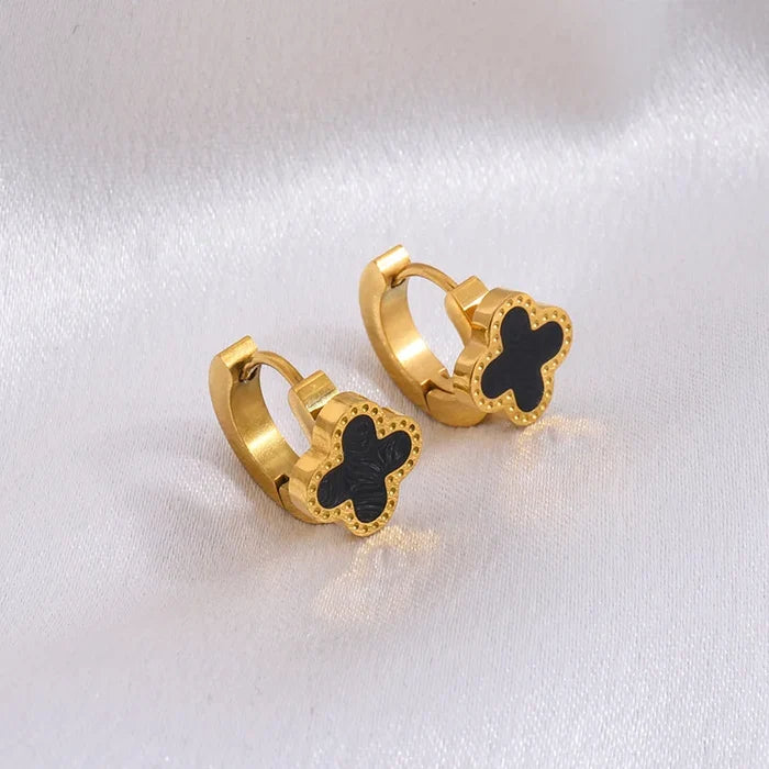 Diamond-Set Four-Leaf Stainless Steel Earrings