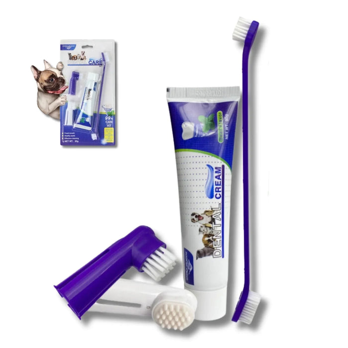 Pet dental care kit with toothbrushes, finger brush, and dental cream for dog teeth cleaning