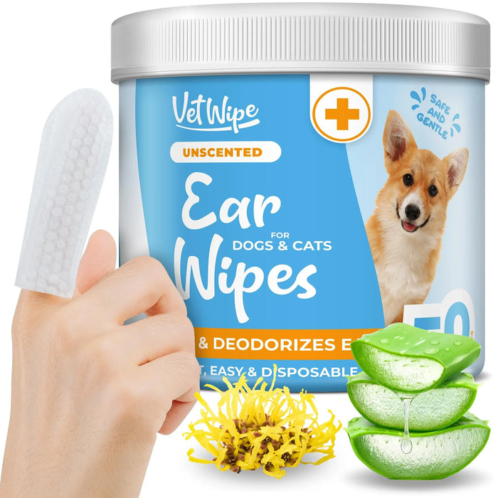Unscented ear wipes for dogs and cats, gentle pet ear cleaning with aloe and witch hazel, safe & disposable