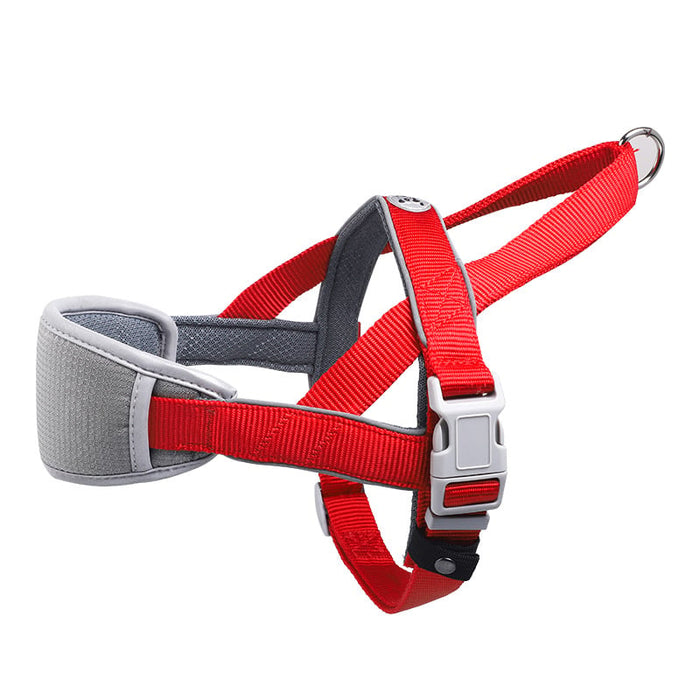 Red and gray dog harness with adjustable straps and secure buckle for pet walking