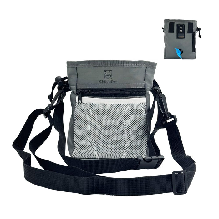 Gray ChildePet dog treat pouch with mesh pocket, adjustable strap, and clip for training walks