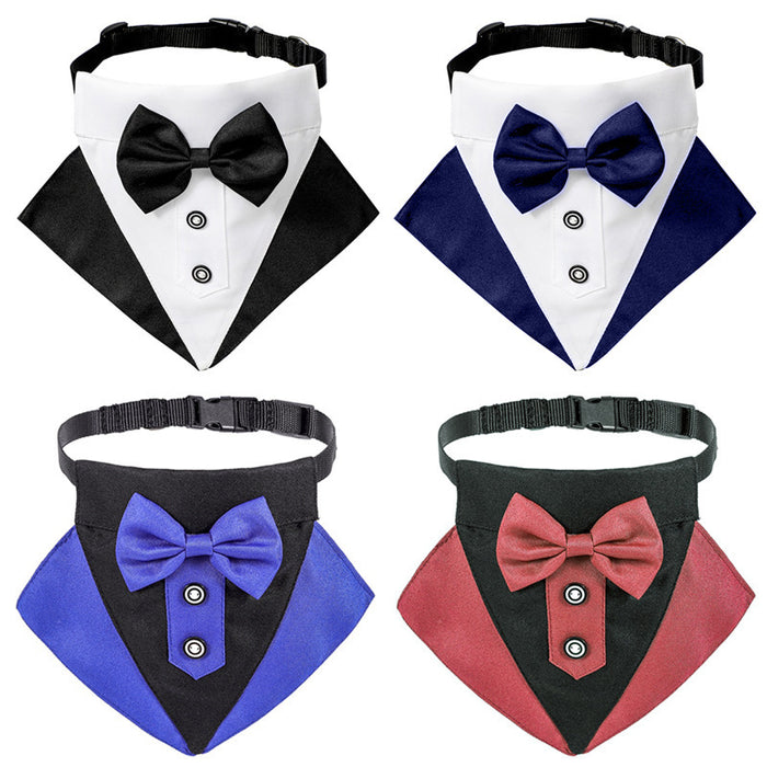 Set of four colorful pet tuxedo bandanas with bow ties for dogs and cats.