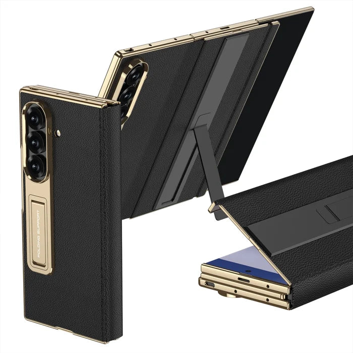 Electroplated Leather Golden Sides Back Cover with Stand Holder Phone