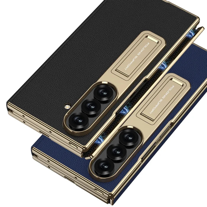 Electroplated Leather Golden Sides Back Cover with Stand Holder Phone