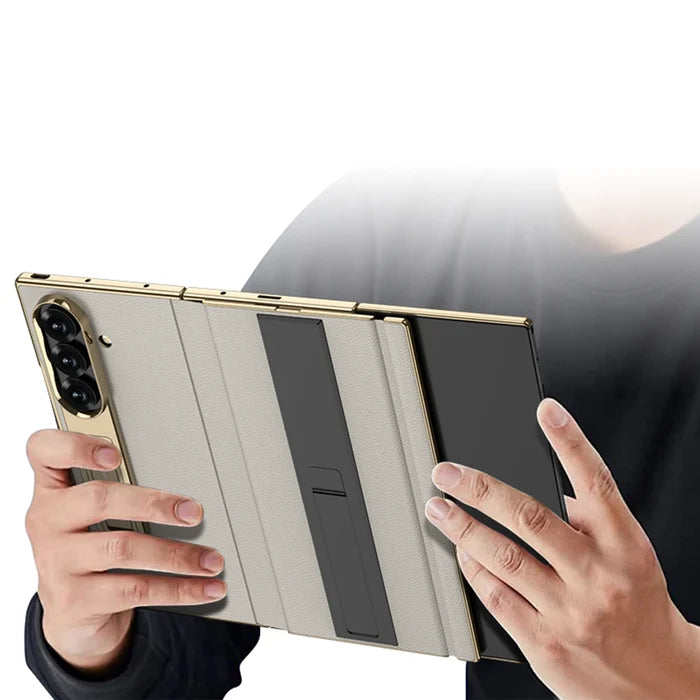 Electroplated Leather Golden Sides Back Cover with Stand Holder Phone
