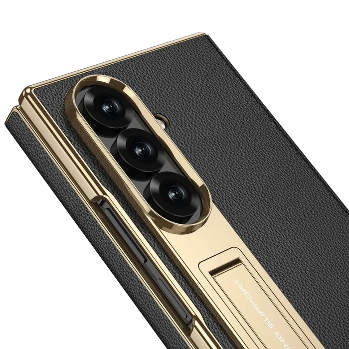 Electroplated Leather Golden Sides Back Cover with Stand Holder Phone